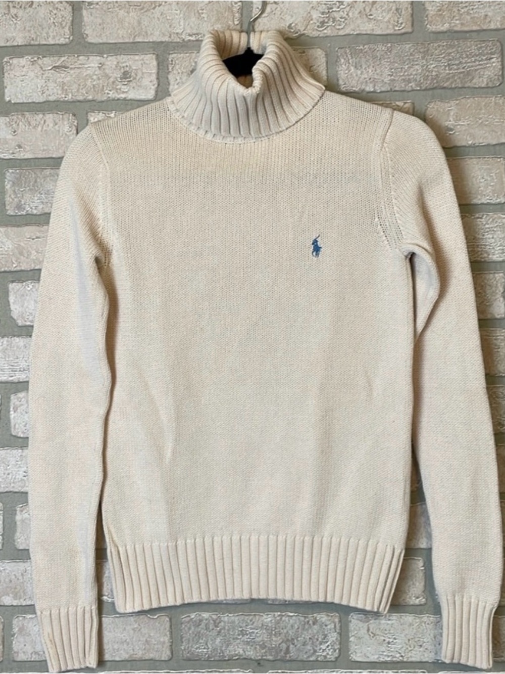 Ralph Lauren Cream Turtleneck Sweater with Blue Pony Logo